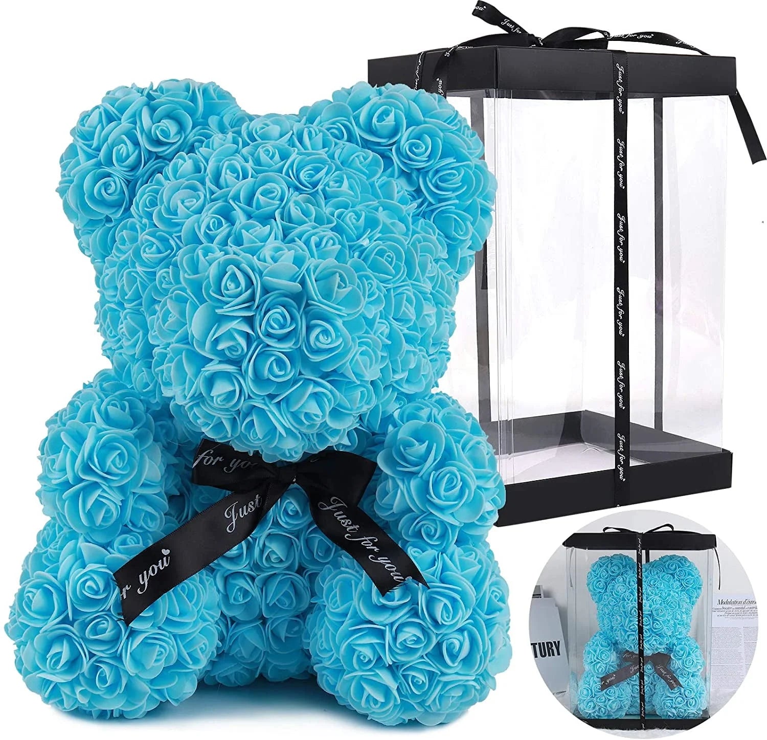 Blue Artificial Rose Flowers Bear 10 Inch Wedding Party Decoration Gift Box