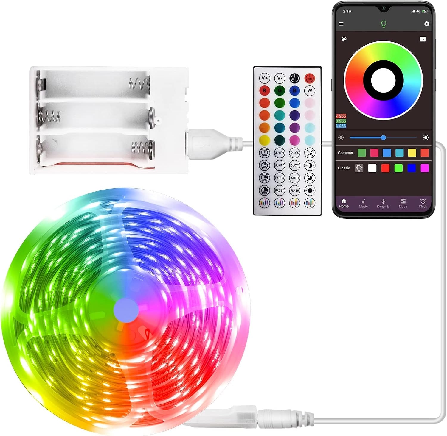 Battery Powered LED Strip Lights 13.2Ft, LED Lights Battery Operated Color Changing Music Sync App Remote Control RGB USB Led for TV, Party, Room Decoration