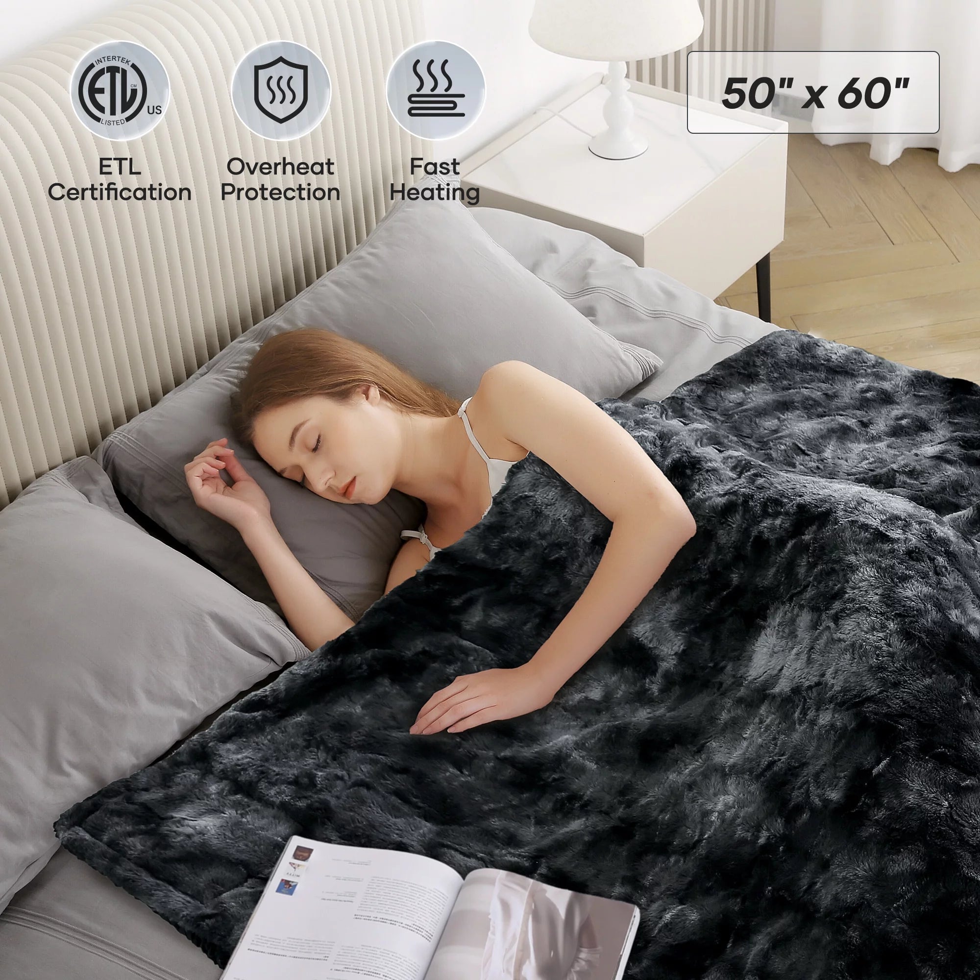Heated Blanket Electric Throw 50" X 60", Soft Faux Fur & Shu Velvet Heated Throw Blanket, 6 Heating Levels, 4 Hours Timer, Tie-Dye off Black